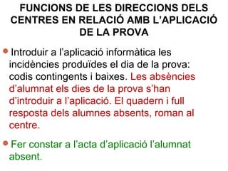 Introduir a l’aplicació informàtica les
incidències produïdes el dia de la prova:
codis contingents i baixes. Les absències
d’alumnat els dies de la prova s’han
d’introduir a l’aplicació. El quadern i full
resposta dels alumnes absents, roman al
centre.
Fer constar a l’acta d’aplicació l’alumnat
absent.
FUNCIONS DE LES DIRECCIONS DELS
CENTRES EN RELACIÓ AMB L’APLICACIÓ
DE LA PROVA
 