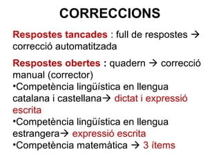 Respostes tancades : full de respostes 
correcció automatitzada
Respostes obertes : quadern  correcció
manual (corrector)
•Competència lingüística en llengua
catalana i castellana dictat i expressió
escrita
•Competència lingüística en llengua
estrangera expressió escrita
•Competència matemàtica  3 ítems
CORRECCIONS
 