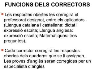 Les respostes obertes les corregirà el
professorat designat, entre els aplicadors.
(Llengua catalana i castellana: dictat i
expressió escrita; Llengua anglesa:
expressió escrita; Matemàtiques: tres
preguntes).
Cada corrector corregirà les respostes
obertes dels quaderns que se li assignen.
Les proves d’anglès seran corregides per un
especialista d’anglès
FUNCIONS DELS CORRECTORS
 