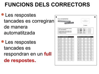 Les respostes
tancades es corregiran
de manera
automatitzada
Les respostes
tancades es
respondran en un full
de respostes.
FUNCIONS DELS CORRECTORS
 