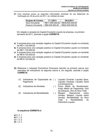CONSELHO FEDERAL DE CONTABILIDADE
EXAME DE SUFICIÊNCIA
Bacharel em Ciências Contábeis
16
21. Uma empresa possui as seguintes informações extraídas de seu Balancete de
Verificação em 30 de junho de 2011, em milhões de reais:
Grupos de Contas 1º.1.2011 30.6.2011
Ativo Circulante R$17.500.000,00 R$39.625.000,00
Passivo Circulante R$9.500.000,00 R$20.500.000,00
Em relação à variação do Capital Circulante Líquido da empresa, no primeiro
semestre de 2011, assinale a opção CORRETA.
a) A empresa teve uma variação negativa no Capital Circulante Líquido no montante
de R$11.125.000,00.
b) A empresa teve uma variação positiva no Capital Circulante Líquido no montante
de R$11.125,000,00.
c) A empresa teve uma variação negativa no Capital Circulante Líquido no montante
de R$19.125.000,00.
d) A empresa teve uma variação positiva no Capital Circulante Líquido no montante
de R$19.125.000,00.
22. Relacione o Indicador Econômico Financeiro descrito na primeira coluna com
exemplos de indicadores na segunda coluna e, em seguida, assinale a opção
CORRETA.
(1) Indicadores de Capacidade de
Pagamento
( ) Liquidez Corrente, Liquidez Seca,
Liquidez Imediata, Liquidez Geral
e Endividamento.
(2) Indicadores de Atividade ( ) Prazo Médio de Recebimento,
Prazo Médio de Pagamento, Giro
de Estoques, Giro do Ativo Total.
(3) Indicadores de Rentabilidade ( ) Margem Operacional sobre
Vendas, Margem Líquida sobre
Vendas, Rentabilidade do Ativo
Total e Rentabilidade do
Patrimônio Líquido.
A sequência CORRETA é:
a) 2, 3, 1.
b) 3, 1, 2.
c) 1, 3, 2.
d) 1, 2, 3.
 