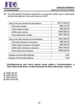 EXAME DE SUFICIÊNCIA
Bacharel em Ciências Contábeis
13
10. Uma Sociedade Empresária apresentou os seguintes dados para a elaboração
da Demonstração do Valor Adicionado em 2014:
Valor bruto das vendas de mercadorias R$110.000,00
PIS sobre vendas R$4.015,00
Cofins sobre vendas R$8.360,00
ICMS sobre vendas R$19.800,00
Valor líquido das vendas R$77.825,00
Valor bruto das compras de mercadorias R$70.000,00
PIS sobre compras a recuperar R$2.555,00
Cofins sobre compras a recuperar R$5.320,00
ICMS sobre compras a recuperar R$12.600,00
Valor líquido das compras R$49.525,00
Estoque Inicial de Mercadorias 0,00
Estoque Final de Mercadorias 0,00
Considerando-se que houve apenas esses saldos e movimentações, o
Valor Adicionado Bruto, na Demonstração do Valor Adicionado, é igual a:
a) R$28.300,00.
b) R$40.000,00.
c) R$70.000,00.
d) R$110.000,00.
 