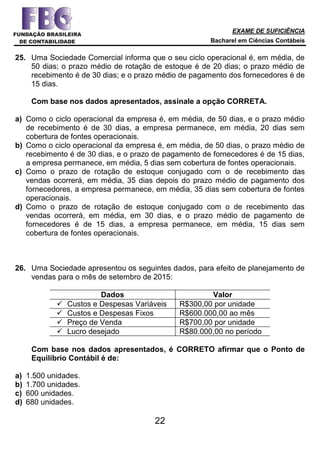 EXAME DE SUFICIÊNCIA
Bacharel em Ciências Contábeis
22
25. Uma Sociedade Comercial informa que o seu ciclo operacional é, em média, de
50 dias; o prazo médio de rotação de estoque é de 20 dias; o prazo médio de
recebimento é de 30 dias; e o prazo médio de pagamento dos fornecedores é de
15 dias.
Com base nos dados apresentados, assinale a opção CORRETA.
a) Como o ciclo operacional da empresa é, em média, de 50 dias, e o prazo médio
de recebimento é de 30 dias, a empresa permanece, em média, 20 dias sem
cobertura de fontes operacionais.
b) Como o ciclo operacional da empresa é, em média, de 50 dias, o prazo médio de
recebimento é de 30 dias, e o prazo de pagamento de fornecedores é de 15 dias,
a empresa permanece, em média, 5 dias sem cobertura de fontes operacionais.
c) Como o prazo de rotação de estoque conjugado com o de recebimento das
vendas ocorrerá, em média, 35 dias depois do prazo médio de pagamento dos
fornecedores, a empresa permanece, em média, 35 dias sem cobertura de fontes
operacionais.
d) Como o prazo de rotação de estoque conjugado com o de recebimento das
vendas ocorrerá, em média, em 30 dias, e o prazo médio de pagamento de
fornecedores é de 15 dias, a empresa permanece, em média, 15 dias sem
cobertura de fontes operacionais.
26. Uma Sociedade apresentou os seguintes dados, para efeito de planejamento de
vendas para o mês de setembro de 2015:
Dados Valor
 Custos e Despesas Variáveis R$300,00 por unidade
 Custos e Despesas Fixos R$600.000,00 ao mês
 Preço de Venda R$700,00 por unidade
 Lucro desejado R$80.000,00 no período
Com base nos dados apresentados, é CORRETO afirmar que o Ponto de
Equilíbrio Contábil é de:
a) 1.500 unidades.
b) 1.700 unidades.
c) 600 unidades.
d) 680 unidades.
 