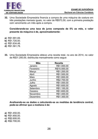 EXAME DE SUFICIÊNCIA
Bacharel em Ciências Contábeis
26
32. Uma Sociedade Empresária financia a compra de uma máquina de costura em
três prestações mensais iguais, no valor de R$573,50, com a primeira prestação
com vencimento um mês após a compra.
Considerando-se uma taxa de juros composta de 5% ao mês, o valor
presente da máquina é de, aproximadamente:
a) R$1.991,69.
b) R$1.720,50.
c) R$1.634,48.
d) R$1.561,78.
33. Uma Sociedade Empresária obteve uma receita total, no ano de 2014, no valor
de R$31.200,00, distribuída mensalmente como segue:
Mês Receita
Janeiro R$1.000,00
Fevereiro R$15.000,00
Março R$1.200,00
Abril R$1.500,00
Maio R$1.800,00
Junho R$2.700,00
Julho R$1.000,00
Agosto R$1.600,00
Setembro R$1.100,00
Outubro R$1.600,00
Novembro R$1.400,00
Dezembro R$1.300,00
Analisando-se os dados e calculando-se as medidas de tendência central,
pode-se afirmar que a mediana é de:
a) R$1.450,00.
b) R$1.850,00.
c) R$2.600,00.
d) R$2.700,00.
 