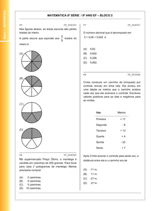 Bloco 1 – MateMática


                                              MATEMÁTICA 8ª SÉRIE / 9º ANO EF – BLOCO 2


                       05                                  IT_024323     07                                        IT_024037
                       Nas figuras abaixo, as áreas escuras são partes
                       tiradas do inteiro.                               O número decimal que é decomposto em

                       A parte escura que equivale aos      tirados do   5 + 0,06 + 0,002 é

                       inteiro é
                                                                         (A)   5,62.
                                                                         (B)   5,602.
                                                                         (C)   5,206.
                                                                         (D)   5,062.


                                                                         ________________________________________
                                                                         08                                        IT_023284


                                                                         Cíntia conduzia um carrinho de brinquedo por
                                                                         controle remoto em linha reta. Ela anotou em
                                                                         uma tabela os metros que o carrinho andava
                                                                         cada vez que ela acionava o controle. Escreveu
                                                                         valores positivos para as idas e negativos para
                                                                         as vindas.



                                                                                       Vez             Metros

                                                                                       Primeira          + 17

                                                                                       Segunda             -8

                                                                                       Terceira          + 13

                                                                                       Quarta              +4

                                                                                       Quinta             - 22

                                                                                       Sexta               +7
                       ________________________________________
                       06                                  IT_024320     Após Cíntia acionar o controle pela sexta vez, a
                       No supermercado Preço Ótimo, a manteiga é         distância entre ela e o carrinho era de
                       vendida em caixinhas de 200 gramas. Para levar
                       para casa 2 quilogramas de manteiga, Marisa
                       precisaria comprar                                (A)   -11 m.
                                                                         (B)   11 m.
                       (A)    2 caixinhas.                               (C)   -27 m.
                       (B)    4 caixinhas.
                                                                         (D)   27 m.
                       (C)    5 caixinhas.
                       (D)   10 caixinhas.

                                                                                                                            9
 