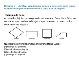Descritor 3 – Identificar propriedades comuns e diferenças entre figuras
bidimensionais pelo número de lados e pelos tipos de ângulos
Exemplo de item:
Ao escolher lajotas para o piso de sua varanda, Dona Lúcia falou ao
vendedor que precisava de lajotas que tivessem os quatro lados
com a mesma medida.
Que lajotas o vendedor deve mostrar a Dona Lúcia?
(A) losango ou quadrado.
(B) quadrado ou retângulo.
(C) quadrado ou trapézio.
(D) losango ou trapézio.
 