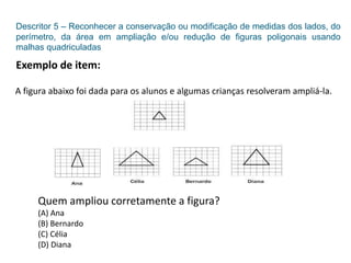 Descritor 5 – Reconhecer a conservação ou modificação de medidas dos lados, do
perímetro, da área em ampliação e/ou redução de figuras poligonais usando
malhas quadriculadas
Exemplo de item:
A figura abaixo foi dada para os alunos e algumas crianças resolveram ampliá-la.
Quem ampliou corretamente a figura?
(A) Ana
(B) Bernardo
(C) Célia
(D) Diana
 