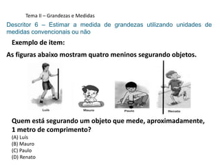 Tema II – Grandezas e Medidas
Descritor 6 – Estimar a medida de grandezas utilizando unidades de
medidas convencionais ou não
Exemplo de item:
As figuras abaixo mostram quatro meninos segurando objetos.
Quem está segurando um objeto que mede, aproximadamente,
1 metro de comprimento?
(A) Luís
(B) Mauro
(C) Paulo
(D) Renato
 