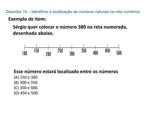 Descritor 14 – Identificar a localização de números naturais na reta numérica
Exemplo de item:
Sérgio quer colocar o número 380 na reta numerada,
desenhada abaixo.
Esse número estará localizado entre os números
(A) 250 e 300.
(B) 300 e 350.
(C) 350 e 400.
(D) 450 e 500.
 