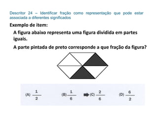 Descritor 24 – Identificar fração como representação que pode estar
associada a diferentes significados
Exemplo de item:
A figura abaixo representa uma figura dividida em partes
iguais.
A parte pintada de preto corresponde a que fração da figura?
 