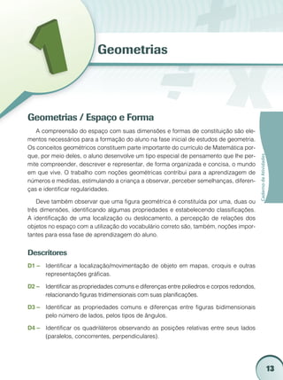 13
CadernodeAtividades
Geometrias
Geometrias / Espaço e Forma
A compreensão do espaço com suas dimensões e formas de constituição são ele-
mentos necessários para a formação do aluno na fase inicial de estudos de geometria.
Os conceitos geométricos constituem parte importante do currículo de Matemática por-
que, por meio deles, o aluno desenvolve um tipo especial de pensamento que lhe per-
mite compreender, descrever e representar, de forma organizada e concisa, o mundo
em que vive. O trabalho com noções geométricas contribui para a aprendizagem de
números e medidas, estimulando a criança a observar, perceber semelhanças, diferen-
ças e identificar regularidades.
Deve também observar que uma figura geométrica é constituída por uma, duas ou
três dimensões, identificando algumas propriedades e estabelecendo classificações.
A identificação de uma localização ou deslocamento, a percepção de relações dos
objetos no espaço com a utilização do vocabulário correto são, também, noções impor-
tantes para essa fase de aprendizagem do aluno.
Descritores
D1 –	 Identificar a localização/movimentação de objeto em mapas, croquis e outras
representações gráficas.
D2 –	 Identificar as propriedades comuns e diferenças entre poliedros e corpos redondos,
relacionando figuras tridimensionais com suas planificações.
D3 –	 Identificar as propriedades comuns e diferenças entre figuras bidimensionais
pelo número de lados, pelos tipos de ângulos.
D4 –	 Identificar os quadriláteros observando as posições relativas entre seus lados
(paralelos, concorrentes, perpendiculares).
 