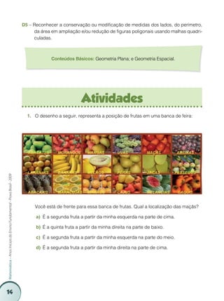 14
Matemática–AnosIniciaisdoEnsinoFundamental-ProvaBrasil-2009
O desenho a seguir, representa a posição de frutas em uma banca de feira:1.	
D5 – Reconhecer a conservação ou modificação de medidas dos lados, do perímetro,
da área em ampliação e/ou redução de figuras poligonais usando malhas quadri-
culadas.
Atividades
	 Você está de frente para essa banca de frutas. Qual a localização das maçãs?
É a segunda fruta a partir da minha esquerda na parte de cima.a)	
É a quinta fruta a partir da minha direita na parte de baixo.b)	
É a segunda fruta a partir da minha esquerda na parte do meio.c)	
É a segunda fruta a partir da minha direita na parte de cima.d)	
Conteúdos Básicos: Geometria Plana; e Geometria Espacial.
 