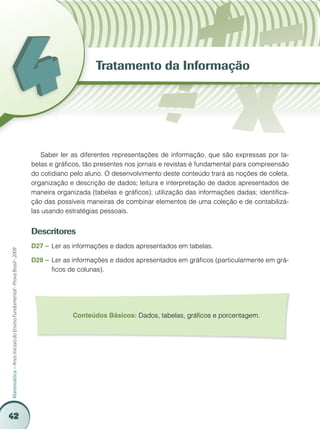 42
Matemática–AnosIniciaisdoEnsinoFundamental-ProvaBrasil-2009
Saber ler as diferentes representações de informação, que são expressas por ta-
belas e gráficos, tão presentes nos jornais e revistas é fundamental para compreensão
do cotidiano pelo aluno. O desenvolvimento deste conteúdo trará as noções de coleta,
organização e descrição de dados; leitura e interpretação de dados apresentados de
maneira organizada (tabelas e gráficos); utilização das informações dadas; identifica-
ção das possíveis maneiras de combinar elementos de uma coleção e de contabilizá-
las usando estratégias pessoais.
Descritores
D27 – 	Ler as informações e dados apresentados em tabelas.
D28 – 	Ler as informações e dados apresentados em gráficos (particularmente em grá-
ficos de colunas).
Conteúdos Básicos: Dados, tabelas, gráficos e porcentagem.
Tratamento da Informação
 