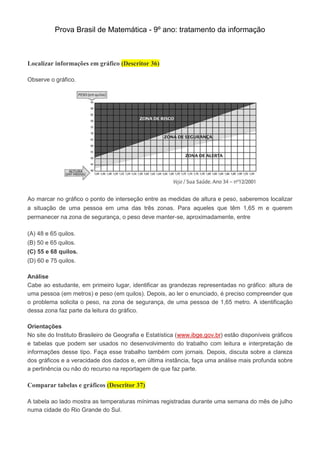 Prova Brasil de Matemática - 9º ano: tratamento da informação
Localizar informações em gráfico (Descritor 36)
Observe o gráfico.
Ao marcar no gráfico o ponto de interseção entre as medidas de altura e peso, saberemos localizar
a situação de uma pessoa em uma das três zonas. Para aqueles que têm 1,65 m e querem
permanecer na zona de segurança, o peso deve manter-se, aproximadamente, entre
(A) 48 e 65 quilos.
(B) 50 e 65 quilos.
(C) 55 e 68 quilos.
(D) 60 e 75 quilos.
Análise
Cabe ao estudante, em primeiro lugar, identificar as grandezas representadas no gráfico: altura de
uma pessoa (em metros) e peso (em quilos). Depois, ao ler o enunciado, é preciso compreender que
o problema solicita o peso, na zona de segurança, de uma pessoa de 1,65 metro. A identificação
dessa zona faz parte da leitura do gráfico.
Orientações
No site do Instituto Brasileiro de Geografia e Estatística (www.ibge.gov.br) estão disponíveis gráficos
e tabelas que podem ser usados no desenvolvimento do trabalho com leitura e interpretação de
informações desse tipo. Faça esse trabalho também com jornais. Depois, discuta sobre a clareza
dos gráficos e a veracidade dos dados e, em última instância, faça uma análise mais profunda sobre
a pertinência ou não do recurso na reportagem de que faz parte.
Comparar tabelas e gráficos (Descritor 37)
A tabela ao lado mostra as temperaturas mínimas registradas durante uma semana do mês de julho
numa cidade do Rio Grande do Sul.
 
