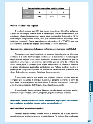 Percentual de respostas às alternativas

                    A               B              c              D

                   39%            36%             11%            5%



O que o resultado nos sugere?

	    O	 resultado	 mostra	 que	 39%	 dos	 alunos	 conseguiram	 identificar	 polígonos	
a	partir	da	observação	de	seus	lados.	A	identificação	consiste	em	reconhecer	que	
quadrados	e	losangos	apresentam	quatro	lados	congruentes.	A	alternativa	“B”	foi	
marcada	por	boa	parte	dos	alunos,	36%,	que	não	identificaram	a	diferença	entre	
retângulo	e	quadrado.	Os	que	assinalaram	as	alternativas	“C”	e	“D”	(16%)	não	reco-
nheceram que os lados do trapézio apresentado são todos diferentes.

Que sugestões podem ser dadas para melhor desenvolver essa habilidade?

      É importante que o professor ilustre a presença dos polígonos em diferentes
contextos	e,	a	partir	da	observação,	identificação	e	manuseio	dos	materiais	para	
construção de objetos com formas poligonais, introduza os elementos que ca-
racterizam um polígono. Um exemplo apropriado que faz parte do cotidiano do
aluno são as pipas. O professor pode propor a construção de diferentes modelos
de	 pipas:	 triangulares,	 quadradas,	 pentagonais	 etc.	 Pode-se	 também	 mostrar	 a	
presença dos polígonos na pintura, na arquitetura, nas sociedades primitivas, nos
sinais de trânsito, nos símbolos (logotipos) de empresas etc.

     É importante mostrar aos alunos que qualquer polígono regular pode ser
composto por triângulos. O triângulo é, assim, o polígono elementar a partir do
qual todos os outros podem ser construídos. É possível ilustrar essa construção


                                                                                          Unidade 5 Matemática
pela simples composição de triângulos dispostos aleatoriamente.

   A formalização dos conceitos se dá com a introdução dos elementos que for-
mam	um	polígono:	lados,	vértices,	diagonais,	ângulos	internos	e	externos.	



Descritor 4 – Identificar quadriláteros observando as posições relativas en-
tre seus lados (paralelos, concorrentes, perpendiculares)

Que habilidade pretendemos avaliar?

     Por meio deste descritor, pode-se avaliar a habilidade de o aluno perceber
conceitualmente	as	diferenças	entre	os	quadriláteros.	Por	meio	de	figuras,	ele	deve	

                                                                                         115
 