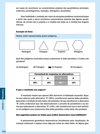 ser	 capaz	 de	 reconhecer	 as	 características	 próprias	 dos	 quadriláteros	 principais:	
                       trapé-zios, paralelogramos, losangos, retângulos e quadrados.

                             Essa habilidade é avaliada por meio de situações-problema contextualizadas
                       a	 partir	 das	 quais	 o	 aluno	 reconhece	 características	 próprias	 das	 figuras	 quadri-
                       láteras, de acordo com a posição e a medida dos lados ou a medida dos ângulos
                       internos.


                       Exemplo de item:

                       Abaixo, estão representados quatro polígonos.




                              Retângulo             Triângulo              Trapézio             Hexágono


                       Qual dos polígonos mostrados possui exatamente 2 lados paralelos e 2 lados não
                       paralelos?

                       (A) Retângulo        (B) Triângulo           (C) Trapézio           (D) Hexágono


                                              Percentual de respostas às alternativas

                                             A                B               c               D

                                            26%               15%           38%              14%


                       O que o resultado nos sugere?
Unidade 5 Matemática




                             O resultado mostra que apenas 38% dominam a habilidade requerida. Aque-
                       les	que	optaram	pela	alternativa	“A”	(26%),	consideraram	apenas	lados	paralelos,	
                       ignorando a condição de dois lados não paralelos. Os que escolheram a alternativa
                       “B”	(15%)	evidenciam	que	não	desenvolveram	o	conceito	de	paralelismo	e	os	alu-
                       nos	que	assinalaram	a	alternativa	“D”	(14%),	não	consideraram	que	o	item	solicita-
                       va um polígono com exatamente dois lados paralelos e dois lados não paralelos.

                       Que sugestões podem ser dadas para melhor desenvolver essa habilidade?

                            O pensamento geométrico desenvolve-se inicialmente pela visualização. As
                       crianças	conhecem	o	espaço	como	algo	que	existe	ao	redor	delas.	As	figuras	geo-



   116
 