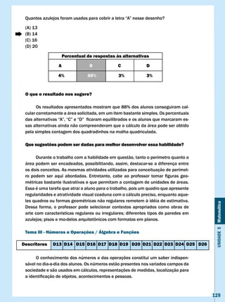 Quantos	azulejos	foram	usados	para	cobrir	a	letra	“A”	nesse	desenho?	

 (A) 13
 (B) 14
 (C) 16
 (D) 20

                      Percentual de respostas às alternativas

                  A                B              c              D

                  4%              88%             3%             3%


 O que o resultado nos sugere?

       Os resultados apresentados mostram que 88% dos alunos conseguiram cal-
 cular corretamente a área solicitada, em um item bastante simples. Os percentuais
 das	alternativas	“A”,	“C”	e	“D”		ficaram	equilibrados	e	os	alunos	que	marcaram	es-
 sas alternativas ainda não compreenderam que o cálculo da área pode ser obtido
 pela simples contagem dos quadradinhos na malha quadriculada.

 Que sugestões podem ser dadas para melhor desenvolver essa habilidade?

       Durante o trabalho com a habilidade em questão, tanto o perímetro quanto a
 área podem ser encadeados, possibilitando, assim, destacar-se a diferença entre
 os dois conceitos. As mesmas atividades utilizadas para conceituação de perímet-
 ro	 podem	 ser	 aqui	 abordadas.	 Entretanto,	 cabe	 ao	 professor	 tomar	 figuras	 geo-
 métricas bastante ilustrativas e que permitam a contagem de unidades de áreas.
 Essa é uma tarefa que atrai o aluno para o trabalho, pois um quadro que apresente
 regularidades e atratividade visual coaduna com o cálculo preciso, enquanto aque-
 les quadros ou formas geométricas não regulares remetem à idéia de estimativa.


                                                                                             Unidade 5 Matemática
 Dessa forma, o professor pode selecionar contextos apropriados como obras de
 arte	com	características	regulares	ou	irregulares;	diferentes	tipos	de	paredes	em	
 azulejos;	pisos	e	mo-delos	arquitetônicos	com	formatos	em	planos.	

 Tema III - Números e Operações / Álgebra e Funções

Descritores    D13 D14 D15 D16 D17 D18 D19 D20 D21 D22 D23 D24 D25 D26

      O conhecimento dos números e das operações constitui um saber indispen-
 sável no dia-a-dia dos alunos. Os números estão presentes nos variados campos da
 sociedade e são usados em cálculos, representações de medidas, localização para
 a	identificação	de	objetos,	acontecimentos	e	pessoas.



                                                                                            129
 