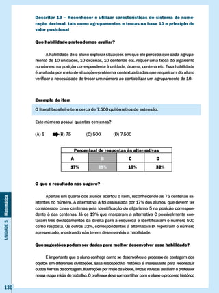Descritor 13 – Reconhecer e utilizar características do sistema de nume-
                       ração decimal, tais como agrupamentos e trocas na base 10 e princípio do
                       valor posicional

                       Que habilidade pretendemos avaliar?

                              A habilidade de o aluno explorar situações em que ele perceba que cada agrupa-
                       mento de 10 unidades, 10 dezenas, 10 centenas etc. requer uma troca do algarismo
                       no número na posição correspondente à unidade, dezena, centena etc. Essa habilidade
                       é avaliada por meio de situações-problema contextualizadas que requeiram do aluno
                       verificar	a	necessidade	de	trocar	um	número	ao	contabilizar	um	agrupamento	de	10.	



                       Exemplo de item

                       O	litoral	brasileiro	tem	cerca	de	7.500	quilômetros	de	extensão.	

                       Este número possui quantas centenas?

                       (A) 5         (B) 75           (C) 500         (D) 7.500


                                                Percentual de respostas às alternativas
                                            A                   B              c                D
                                            17%              25%               19%              32%


                       O que o resultado nos sugere?

                             Apenas um quarto dos alunos acertou o item, reconhecendo as 75 centenas ex-
Unidade 5 Matemática




                       istentes no número. A alternativa A foi assinalada por 17% dos alunos, que devem ter
                       considerado	cinco	centenas	pela	identificação	do	algarismo	5	na	posição	correspon-
                       dente	à	das	centenas.	Já	os	19%	que	marcaram	a	alternativa	C	possivelmente	con-
                       taram	três	deslocamentos	da	direita	para	a	esquerda	e	identificaram	o	número	500	
                       como resposta. Os outros 32%, correspondentes à alternativa D, repetiram o número
                       apresentado, mostrando não terem desenvolvido a habilidade.

                       Que sugestões podem ser dadas para melhor desenvolver essa habilidade?

                             É importante que o aluno conheça como se desenvolveu o processo de contagem dos
                       objetos em diferentes civilizações. Essa retrospectiva histórica é interessante para reconstruir
                       outras formas de contagem. Ilustrações por meio de vídeos, livros e revistas auxiliam o professor
                       nessa etapa inicial de trabalho. O professor deve compartilhar com o aluno o processo histórico

   130
 