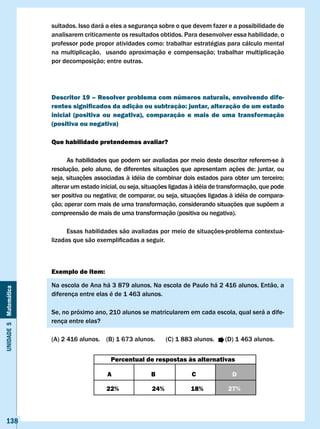 sultados. Isso dará a eles a segurança sobre o que devem fazer e a possibilidade de
                       analisarem criticamente os resultados obtidos. Para desenvolver essa habilidade, o
                       professor	pode	propor	atividades	como:	trabalhar	estratégias	para	cálculo	mental		
                       na	 multiplicação,	 	 usando	 aproximação	 e	 compensação;	 trabalhar	 multiplicação	
                       por	decomposição;	entre	outras.




                       Descritor 19 – Resolver problema com números naturais, envolvendo dife-
                       rentes significados da adição ou subtração: juntar, alteração de um estado
                       inicial (positiva ou negativa), comparação e mais de uma transformação
                       (positiva ou negativa)

                       Que habilidade pretendemos avaliar?

                             As habilidades que podem ser avaliadas por meio deste descritor referem-se à
                       resolução,	 pelo	 aluno,	 de	 diferentes	 situações	 que	 apresentam	 ações	 de:	 juntar,	 ou	
                       seja,	situações	associadas	à	idéia	de	combinar	dois	estados	para	obter	um	terceiro;	
                       alterar um estado inicial, ou seja, situações ligadas à idéia de transformação, que pode
                       ser	positiva	ou	negativa;	de	comparar,	ou	seja,	situações	ligadas	à	idéia	de	compara-
                       ção;	operar	com	mais	de	uma	transformação,	considerando	situações	que	supõem	a	
                       compreensão de mais de uma transformação (positiva ou negativa).

                             Essas habilidades são avaliadas por meio de situações-problema contextua-
                       lizadas	que	são	exemplificadas	a	seguir.



                       Exemplo de item:

                       Na escola de Ana há 3 879 alunos. Na escola de Paulo há 2 416 alunos. Então, a
Unidade 5 Matemática




                       diferença entre elas é de 1 463 alunos.

                       Se, no próximo ano, 210 alunos se matricularem em cada escola, qual será a dife-
                       rença entre elas?

                       (A) 2 416 alunos. (B) 1 673 alunos.           (C) 1 883 alunos.      (D) 1 463 alunos.


                                              Percentual de respostas às alternativas

                                             A                 B               c               D

                                             22%               24%            18%            27%



   138
 