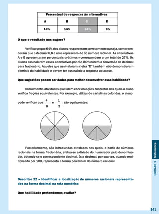 Percentual de respostas às alternativas

                      A                 B                c      D

                     13%              14%               64%     6%


O que o resultado nos sugere?

		   Verifica-se	que	64%	dos	alunos	responderam	corretamente	ou	seja,	compreen-
deram que o decimal 0,8 é uma representação do número racional. As alternativas
A e B apresentaram percentuais próximos e correspondem a um total de 27%. Os
alunos assinalaram essas alternativas por não dominarem a conversão de decimal
para	fracionário.	Aqueles	que	assinalaram	a	letra	“D”	também	não	demonstraram	
domínio da habilidade e devem ter assinalado a resposta ao acaso.

Que sugestões podem ser dadas para melhor desenvolver essa habilidade?

      Inicialmente, atividades que lidem com situações concretas nas quais o aluno
verifica	frações	equivalentes.	Por	exemplo,	utilizando	cartolinas	coloridas,	o	aluno	

                     4             1
pode	verificar	que											e												são	equivalentes:
                      8            2




                                                                                         Unidade 5 Matemática
      Posteriormente, são introduzidas atividades nas quais, a partir de números
racionais na forma fracionária, efetua-se a divisão do numerador pelo denomina-
dor, obtendo-se o correspondente decimal. Este decimal, por sua vez, quando mul-
tiplicado por 100, representa a forma percentual do número racional.




Descritor 22 – Identificar a localização de números racionais representa-
dos na forma decimal na reta numérica

Que habilidade pretendemos avaliar?




                                                                                        141
 