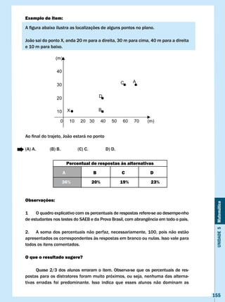 Exemplo de item:

A	figura	abaixo	ilustra	as	localizações	de	alguns	pontos	no	plano.

João	sai	do	ponto	X,	anda	20	m	para	a	direita,	30	m	para	cima,	40	m	para	a	direita	
e 10 m para baixo.




Ao	final	do	trajeto,	João	estará	no	ponto

(A) A.      (B) B.            (C) C.         D) D.


                         Percentual de respostas às alternativas

                     A                 B             c         D

                     36%               20%           19%        23%


Observações:



                                                                                       Unidade 5 Matemática
1    O quadro explicativo com os percentuais de respostas refere-se ao desempe-nho
de	estudantes	nos	testes	do	SAEB	e	da	Prova	Brasil,	com	abrangência	em	todo	o	pais.

2. A soma dos percentuais não perfaz, necessariamente, 100, pois não estão
apresentados os correspondentes às respostas em branco ou nulas. Isso vale para
todos os itens comentados.

O que o resultado sugere?

      Quase 2/3 dos alunos erraram o item. Observa-se que os percentuais de res-
postas para os distratores foram muito próximos, ou seja, nenhuma das alterna-
tivas erradas foi predominante. Isso indica que esses alunos não dominam as

                                                                                      155
 