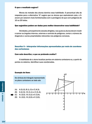 O que o resultado sugere?

                            Menos da metade dos alunos domina essa habilidade. O percentual alto de
                       respostas	para	a	alternativa	“A”	sugere	que	os	alunos	que	assinalaram	esta,	o	fi-
                       zeram por estarem mais familiarizados com o pentágono do que com polígonos de
                       10 ou 20 lados.

                       Que sugestões podem ser dadas para melhor desenvolver essa habilidade?

                            Atividades, principalmente estudos dirigidos, nas quais os alunos devem medir
                       e somar os ângulos internos, externos e centrais de polígonos, contar o número de
                       diagonais e outras propriedades relevantes nos polígonos convexos.




                       Descritor 9 – Interpretar informações apresentadas por meio de coordena-
                       das cartesianas

                       com este descritor, o que se pretende avaliar?

                            A habilidade de o aluno localizar pontos em sistema cartesiano ou, a partir de
                       pontos	no	sistema,	identificar	suas	coordenadas.	




                       Exemplo de item:

                       Os vértices do triângulo representado
                       no plano cartesiano ao lado são
Unidade 5 Matemática




                       (A)	   A	(5,-2);	B	(1,-3)	e	C	(4,3).
                       (B)	   A	(2,-5);		B	(-3,-1)	e	C	(3,-4).
                       (C)	   A	(-2,5);		B	(-3,1)	e	C	(3,4).
                       (D)	   A	(-3,0);		B	(-2,0)	e	C	(3,0).




   164
 