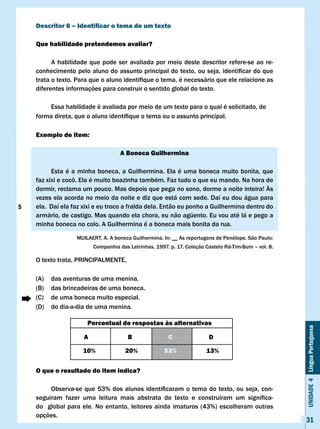 Descritor 6 – Identificar o tema de um texto

    Que habilidade pretendemos avaliar?

          A habilidade que pode ser avaliada por meio deste descritor refere-se ao re-
    conhecimento	pelo	aluno	do	assunto	principal	do	texto,	ou	seja,	identificar	do	que	
    trata	o	texto.	Para	que	o	aluno	identifique	o	tema,	é	necessário	que	ele	relacione	as	
    diferentes informações para construir o sentido global do texto.

        Essa habilidade é avaliada por meio de um texto para o qual é solicitado, de
    forma	direta,	que	o	aluno	identifique	o	tema	ou	o	assunto	principal.

    Exemplo de item:

                                     A Boneca Guilhermina

          Esta é a minha boneca, a Guilhermina. Ela é uma boneca muito bonita, que
    faz	xixi	e	cocô.	Ela	é	muito	boazinha	também.	Faz	tudo	o	que	eu	mando.	Na	hora	de	
    dormir, reclama um pouco. Mas depois que pega no sono, dorme a noite inteira! Às
    vezes ela acorda no meio da noite e diz que está com sede. Daí eu dou água para
5   ela. Daí ela faz xixi e eu troco a fralda dela. Então eu ponho a Guilhermina dentro do
    armário, de castigo. Mas quando ela chora, eu não agüento. Eu vou até lá e pego a
    minha boneca no colo. A Guilhermina é a boneca mais bonita da rua.

                   MUILAERT,	A.	A	boneca	Guilhermina.	In:	__	As	reportagens	de	Penélope.	São	Paulo:
                          Companhia das Letrinhas, 1997. p. 17. Coleção Castelo Rá-Tim-Bum – vol. 8.

    O texto trata, PRINCIPALMENTE,

    (A)   das aventuras de uma menina.
    (B)   das brincadeiras de uma boneca.
    (C)   de uma boneca muito especial.
    (D)   do dia-a-dia de uma menina.

                       Percentual de respostas às alternativas
                                                                                                       Unidade 4 Língua Portuguesa


                      A                 B               c                D

                      10%              20%             53%              13%


    O que o resultado do item indica?

    	    Observa-se	 que	 53%	 dos	 alunos	 identificaram	 o	 tema	 do	 texto,	 ou	 seja,	 con-
    seguiram	 fazer	 uma	 leitura	 mais	 abstrata	 do	 texto	 e	 construíram	 um	 significa-
    do global para ele. No entanto, leitores ainda imaturos (43%) escolheram outras
    opções.
                                                                                                       31
 