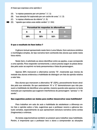 A frase que expressa uma opinião é

(A)	   “a	raposa	passeava	por	um	pomar.”	(ℓ.	1)
(B)	   “sua	atenção	foi	capturada	por	um	cacho	de	uvas.”	(ℓ.	2)
(C)	   “a	raposa	afastou-se	da	videira”	(ℓ.	5)
(D)	   “aposto	que	estas	uvas	estão	verdes”	(ℓ.	5-6)

                     Percentual de respostas às alternativas

                    A                B               c                D

                   20%               32%             11%             36%



O que o resultado do item indica ?

	     O	gênero	textual	apresentado	neste	item	é	uma	fábula.	Com	estrutura	sintática	
e morfológica simples, de tipo narrativo bem conhecido dos alunos que estão nesta
faixa etária.

	    Neste	item,	é	solicitado	ao	aluno	identificar	entre	as	opções,	a	que	correponde	
a uma opinião. Para responder corretamente, o aluno precisa seguir as pistas deixa-
das pelo autor ao exprimir no texto pensamentos e falas do personagem.

	    Apenas	 36%	 marcaram	 a	 alternativa	 correta	 ”D”,	 mostrando	 que	 menos	 da	
metade dos alunos evidenciou a habilidade de distinguir um fato da opinião relativa
a este fato.

	    Dos	alunos	que	marcaram	a	alternativa	“B”	(32%),	provavelmente	foram	atraí-
dos	pela	sua	extensão.	Os	que	assinalaram	“A”	e	“C”	demonstraram	que	não	pos-
suem	a	habilidade	de	identificar	uma	opinião,	mesmo	quando	esta	aparece	no	texto	
marcada	por	expressões	que	sugerem	interferência	do	personagem:	“pensou”	e	“di-
zendo”.

Que sugestões podem ser dadas para melhor desenvolver essa habilidade?
                                                                                                  Unidade 4 Língua Portuguesa




       Para trabalhar em sala de aula a habilidade de estabelecer a diferença en-
tre	 fato	 e	 opinião	 sobre	 o	 fato,	 sugerimos	 que	 o	 professor	 recorra	 a	 gêneros	 tex-
tuais variados, especialmente os que apresentam estrutura narrativa como contos
(fragmentos)	e	crônicas.	

    Os textos argumentativos também se prestam para trabalhar essa habilidade.
Porém, é importante que o professor leve o aluno a compreender as situações


                                                                                                  33
 