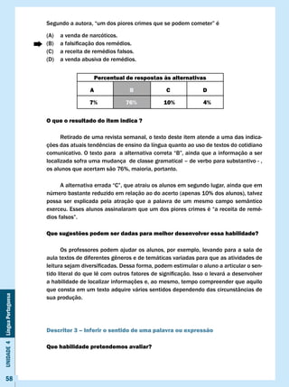 Segundo	a	autora,	“um	dos	piores	crimes	que	se	podem	cometer”	é

                              (A)    a venda de narcóticos.
                              (B)	   a	falsificação	dos	remédios.
                              (C)    a receita de remédios falsos.
                              (D)    a venda abusiva de remédios.


                                                    Percentual de respostas às alternativas

                                                A               B             c             D

                                                7%             76%          10%             4%


                              O que o resultado do item indica ?

                                    Retirado de uma revista semanal, o texto deste item atende a uma das indica-
                              ções	das	atuais	tendências	de	ensino	da	língua	quanto	ao	uso	de	textos	do	cotidiano	
                              comunicativo.	O	texto	para		a	alternativa	correta	“B”,	ainda	que	a	informação	a	ser	
                              localizada sofra uma mudança de classe gramatical – de verbo para substantivo - ,
                              os alunos que acertam são 76%, maioria, portanto.

                              	     A	alternativa	errada	“C”,	que	atraiu	os	alunos	em	segundo	lugar,	ainda	que	em	
                              número bastante reduzido em relação ao do acerto (apenas 10% dos alunos), talvez
                              possa ser explicada pela atração que a palavra de um mesmo campo semântico
                              exerceu. Esses alunos assinalaram que um dos piores crimes é “a receita de remé-
                              dios	falsos”.

                              Que sugestões podem ser dadas para melhor desenvolver essa habilidade?

                                    Os professores podem ajudar os alunos, por exemplo, levando para a sala de
                              aula	textos	de	diferentes	gêneros	e	de	temáticas	variadas	para	que	as	atividades	de	
                              leitura	sejam	diversificadas.	Dessa	forma,	podem	estimular	o	aluno	a	articular	o	sen-
                              tido	literal	do	que	lê	com	outros	fatores	de	significação.	Isso	o	levará	a	desenvolver	
                              a habilidade de localizar informações e, ao mesmo, tempo compreender que aquilo
                              que consta em um texto adquire vários sentidos dependendo das circunstâncias de
Unidade 4 Língua Portuguesa




                              sua produção.




                              Descritor 3 – Inferir o sentido de uma palavra ou expressão

                              Que habilidade pretendemos avaliar?




     58
 