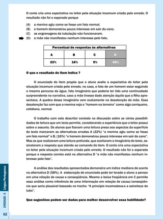 O conto cria uma expectativa no leitor pela situação incomum criada pelo enredo. O
                              resultado não foi o esperado porque

                              (A)   a menina agiu como se fosse um fato normal.
                              (B)   o homem demonstrou pouco interesse em sair do cano.
                              (C)   as engrenagens da tubulação não funcionaram.
                              (D)   a mãe não manifestou nenhum interesse pelo fato.

                                                Percentual de respostas às alternativas

                                               A              B              c             D

                                              22%            16%            5%            58%


                              O que o resultado do item indica ?

                                    O enunciado do item propõe que o aluno avalie a expectativa do leitor pela
                              situação incomum criada pelo enredo, no caso, o fato de um homem estar seguindo
                              o mesmo percurso da água, fato imaginário que poderia ter tido uma continuidade
                              surpreendente	na	narrativa,	caso	a	mãe	tivesse	dado	atenção	àquilo	que	a	filha	apre-
                              sentava. A quebra desse imaginário vem exatamente na desatenção da mãe. Essa
                              desatenção	faz	com	que	a	menina	veja	o	“homem	na	torneira”	como	algo	corriqueiro,	
                              cotidiano, normal.

                                    O trabalho com este descritor consiste na discussão sobre as várias possibili-
                              dades	de	leitura	que	um	texto	permite,	considerando	a	experiência	que	o	leitor	possui	
                              sobre	o	assunto.	Os	alunos	que	fizeram	uma	leitura	presa	aos	aspectos	da	superfície	
                              do texto marcaram as alternativas erradas A (22%) “a menina agiu como se fosse
                              um	fato	normal”	e	B,	(16%)	“o	homem	demonstrou	pouco	interesse	em	sair	do	cano”.	
                              Mas os que realizaram uma leitura profunda, que aceitaram o imaginário do texto, as-
                              sinalaram a resposta que atende ao comando do item. O conto cria uma expectativa
                              no leitor pela situação incomum criada pelo enredo. O resultado não foi o esperado
                              porque a resposta correta está na alternativa D “a mãe não manifestou nenhum in-
                              teresse	pelo	fato”.
Unidade 4 Língua Portuguesa




                                    A análise dos resultados apresentados demonstra um índice mediano de acerto
                              na alternativa D (58%). A elaboração do enunciado pode ter levado o aluno a pensar
                              em	uma	relação	de	causa	e	conseqüência.	Mesmo	a	baixa	freqüência	em	C	permite	
                              essa	análise	como	inferência	de	uma	informação	em	relação	de	causa/conseqüên-
                              cia	que	seria	plausível	baseada	no	trecho:	“A	princípio	incomodava-o	a	estreiteza	do	
                              tubo”.

                              Que sugestões podem ser dadas para melhor desenvolver essa habilidade?



     62
 