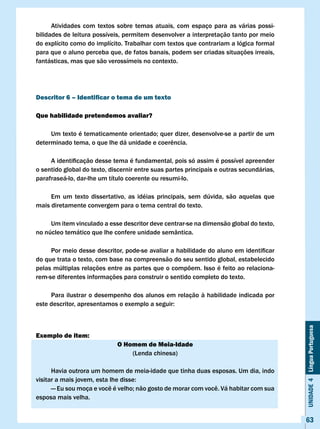 Atividades com textos sobre temas atuais, com espaço para as várias possi-
bilidades de leitura possíveis, permitem desenvolver a interpretação tanto por meio
do explícito como do implícito. Trabalhar com textos que contrariam a lógica formal
para que o aluno perceba que, de fatos banais, podem ser criadas situações irreais,
fantásticas, mas que são verossímeis no contexto.




Descritor 6 – Identificar o tema de um texto

Que habilidade pretendemos avaliar?

	    Um	texto	é	tematicamente	orientado;	quer	dizer,	desenvolve-se	a	partir	de	um	
determinado	tema,	o	que	lhe	dá	unidade	e	coerência.

	    A	identificação	desse	tema	é	fundamental,	pois	só	assim	é	possível	apreender	
o sentido global do texto, discernir entre suas partes principais e outras secundárias,
parafraseá-lo, dar-lhe um título coerente ou resumi-lo.

     Em um texto dissertativo, as idéias principais, sem dúvida, são aquelas que
mais diretamente convergem para o tema central do texto.

     Um item vinculado a esse descritor deve centrar-se na dimensão global do texto,
no núcleo temático que lhe confere unidade semântica.

	    Por	meio	desse	descritor,	pode-se	avaliar	a	habilidade	do	aluno	em	identificar	
do que trata o texto, com base na compreensão do seu sentido global, estabelecido
pelas múltiplas relações entre as partes que o compõem. Isso é feito ao relaciona-
rem-se diferentes informações para construir o sentido completo do texto.

     Para ilustrar o desempenho dos alunos em relação à habilidade indicada por
este	descritor,	apresentamos	o	exemplo	a	seguir:
                                                                                          Unidade 4 Língua Portuguesa


Exemplo de item:
                             O Homem de Meia-Idade
                                 (Lenda chinesa)

      Havia outrora um homem de meia-idade que tinha duas esposas. Um dia, indo
visitar	a	mais	jovem,	esta	lhe	disse:
	     —	Eu	sou	moça	e	você	é	velho;	não	gosto	de	morar	com	você.	Vá	habitar	com	sua	
esposa mais velha.


                                                                                          63
 