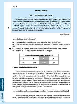 Texto II

                                                                      Novela é cultura

                                                            veja – Novela de televisão aliena?

                                       Maria Aparecida – Claro que não. Considerar a telenovela um produto cultural
                                  alienante é um tremendo preconceito da universidade. Quem acha que novela aliena
                                  está na verdade chamando o povo de débil mental. Bobagem imaginar que alguém
                                  é induzido a pensar que a vida é um mar de rosas só por causa de um enredo açu-
                              5   carado. A telenovela brasileira é um produto cultural de alta qualidade técnica, e
                                  algumas delas são verdadeira obras de arte.

                                                                                                          veja, 24/jan/96.


                                  Com	relação	ao	tema	“telenovela”

                                  (A)    nos textos I e II, encontra-se a mesma opinião sobre a telenovela.
                                  (B)	   no	texto	I,	compara-se	a	qualidade	das	novelas	aos	melhores	filmes	america-
                                  nos.
                                  (C)    no texto II, algumas telenovelas brasileiras são consideradas obras de arte.
                                  (D)    no texto II, a telenovela é considerada uma bobagem.

                                                    Percentual de respostas às alternativas

                                                  A               B              c               D

                                                  9%              11%            71%             7%

                                  O que o resultado do item indica?

                                        Pelas informações sobre os percentuais de respostas, percebe-se que um per-
                                  centual expressivo de alunos (71%) escolheu a alternativa correta “C (reconhecer
                                  opiniões diferenciadas sobre um tema, em textos diferentes). O tema dos textos faz
                                  parte do universo comunicativo dos alunos e é bastante questionado pela mídia, o
Unidade 4 Língua Portuguesa




                                  que pode ter concorrido para o bom desempenho desses alunos. Eles demonstram
                                  estar familiarizados com a comparação de textos que tratam de um mesmo assunto
                                  e que apresentam opiniões diferenciadas. São leitores capazes de ler criticamente e
                                  conseguem distinguir as diferentes opiniões sobre o tema.

                                  Que sugestões podem ser dadas para melhor desenvolver essa habilidade?

                                       A nós, professores, incumbe oportunizar aos alunos o exercício de comparação
                                  de textos que abordem uma mesma temática. O desenvolvimento dessa habilidade

     76
 