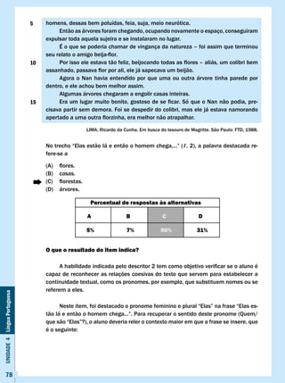 5    homens, dessas bem poluídas, feia, suja, meio neurótica.
                                        Então as árvores foram chegando, ocupando novamente o espaço, conseguiram
                                   expulsar toda aquela sujeira e se instalaram no lugar.
                                        É o que se poderia chamar de vingança da natureza – foi assim que terminou
                                   seu	relato	o	amigo	beija-flor.
                              10   	    Por	isso	ele	estava	tão	feliz,	beijocando	todas	as	flores	–	aliás,	um	colibri	bem	
                                   assanhado,	passava	flor	por	ali,	ele	já	sapecava	um	beijão.
                                        Agora o Nan havia entendido por que uma ou outra árvore tinha parede por
                                   dentro, e ele achou bem melhor assim.
                                        Algumas árvores chegaram a engolir casas inteiras.
                              15   	    Era	um	lugar	muito	bonito,	gostoso	de	se	ficar.	Só	que	o	Nan	não	podia,	pre-
                                   cisava partir sem demora. Foi se despedir do colibri, mas ele já estava namorando
                                   apertado	a	uma	outra	florzinha,	era	melhor	não	atrapalhar.

                                                       LIMA,	Ricardo	da	Cunha.	Em	busca	do	tesouro	de	Magritte.	São	Paulo:	FTD,	1988.


                                   No	trecho	“Elas	estão	lá	e	então	o	homem	chega,...”	(ℓ.	2),	a	palavra	destacada	re-
                                   fere-se a

                                   (A)	   flores.
                                   (B)    casas.
                                   (C)	   florestas.
                                   (D)    árvores.

                                                        Percentual de respostas às alternativas

                                                       A                 B               c               D

                                                       5%                7%             56%              31%


                                   O que o resultado do item indica?

                                   	     A	habilidade	indicada	pelo	descritor	2	tem	como	objetivo	verificar	se	o	aluno	é	
                                   capaz de reconhecer as relações coesivas do texto que servem para estabelecer a
                                   continuidade textual, como os pronomes, por exemplo, que substituem nomes ou se
                                   referem a eles.
Unidade 4 Língua Portuguesa




                                   	     Neste	item,	foi	destacado	o	pronome	feminino	e	plural	“Elas”	na	frase	“Elas	es-
                                   tão	lá	e	então	o	homem	chega...”.	Para	recuperar	o	sentido	deste	pronome	(Quem/	
                                   que	são	“Elas”?),	o	aluno	deveria	reler	o	contexto	maior	em	que	a	frase	se	insere,	que	
                                   é	o	seguinte:




     78
 