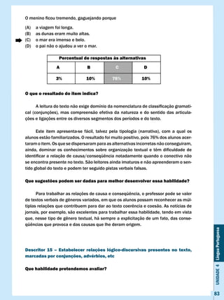 O	menino	ficou	tremendo,	gaguejando	porque

(A)   a viagem foi longa.
(B)   as dunas eram muito altas.
(C)   o mar era imenso e belo.
(D)   o pai não o ajudou a ver o mar.

                 Percentual de respostas às alternativas

                A               B               c              D

                3%              10%           76%            10%


O que o resultado do item indica?

	     A	leitura	do	texto	não	exige	domínio	da	nomenclatura	de	classificação	gramati-
cal (conjunções), mas compreensão efetiva da natureza e do sentido das articula-
ções e ligações entre os diversos segmentos dos períodos e do texto.

      Este item apresenta-se fácil, talvez pela tipologia (narrativa), com a qual os
alunos estão familiarizados. O resultado foi muito positivo, pois 76% dos alunos acer-
taram o item. Os que se dispersaram para as alternativas incorretas não conseguiram,
ainda,	 dominar	 os	 conhecimentos	 sobre	 organização	 textual	 e	 têm	 dificuldade	 de	
identificar	a	relação	de	causa/conseqüência	notadamente	quando	o	conectivo	não	
se encontra presente no texto. São leitores ainda imaturos e não apreenderam o sen-
tido global do texto e podem ter seguido pistas verbais falsas.

Que sugestões podem ser dadas para melhor desenvolver essa habilidade?

	     Para	trabalhar	as	relações	de	causa	e	conseqüência,	o	professor	pode	se	valer	
de	textos	verbais	de	gêneros	variados,	em	que	os	alunos	possam	reconhecer	as	múl-
tiplas	relações	que	contribuem	para	dar	ao	texto	coerência	e	coesão.	As	notícias	de	
jornais, por exemplo, são excelentes para trabalhar essa habilidade, tendo em vista
que,	nesse	tipo	de	gênero	textual,	há	sempre	a	explicitação	de	um	fato,	das	conse-
qüências	que	provoca	e	das	causas	que	lhe	deram	origem.	
                                                                                            Unidade 4 Língua Portuguesa




Descritor 15 – Estabelecer relações lógico-discursivas presentes no texto,
marcadas por conjunções, advérbios, etc

Que habilidade pretendemos avaliar?




                                                                                            83
 