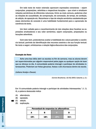 Em todo texto de maior extensão aparecem expressões conectoras – sejam
                              conjunções, preposições, advérbios e respectivas locuções – que criam e sinalizam
                              relações semânticas de diferentes naturezas. Entre as mais comuns, podemos citar
                              as relações de causalidade, de comparação, de concessão, de tempo, de condição,
                              de adição, de oposição etc. Reconhecer o tipo de relação semântica estabelecida por
                              esses elementos de conexão é uma habilidade fundamental para a apreensão da
                              coerência	do	texto.

                                   Um item voltado para o reconhecimento de tais relações deve focalizar as ex-
                              pressões sinalizadoras e seu valor semântico, sejam conjunções, preposições ou
                              locuções adverbiais.

                              	     Com	este	item,	pretendemos	avaliar	a	habilidade	de	o	aluno	perceber	a	coerên-
                              cia	textual,	partindo	da	identificação	dos	recursos	coesivos	e	de	sua	função	textual.	
                              No texto a seguir, enfatizamos a relação lógico-discursiva das conjunções.



                              Exemplo de item:

                              	    Acho	uma	boa	idéia	abrir	as	escolas	no	fim	de	semana,	mas	os	alunos	devem	
                              ser supervisionados por alguém responsável pelos jogos ou qualquer opção de lazer
                              que se ofereça no dia. A comunidade poderia interagir e participar de atividades in-
                              teressantes. Poderiam ser feitas gincanas, festas e até churrascos dentro da escola.

                              (Juliana	Araújo	e	Souza)

                                                                         (Correio Braziliense, 10/02/2003, Gabarito. p. 2.)




                              Em	“A	comunidade	poderia	interagir	e	participar	de	atividades	interessantes.”	(ℓ.	3,	
                              4), a palavra destacada indica

                              (A)   alternância.
                              (B)   oposição.
Unidade 4 Língua Portuguesa




                              (C)   adição.
                              (D)   explicação.

                                                    Percentual de respostas às alternativas

                                                   A            B              c                D

                                                   19%          18%           27%              31%



     84
 