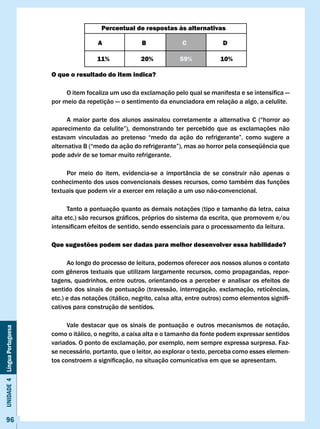 Percentual de respostas às alternativas

                                               A                B              c               D

                                               11%              20%           59%             10%

                              O que o resultado do item indica?

                              	    O	item	focaliza	um	uso	da	exclamação	pelo	qual	se	manifesta	e	se	intensifica	—	
                              por meio da repetição — o sentimento da enunciadora em relação a algo, a celulite.

                                    A maior parte dos alunos assinalou corretamente a alternativa C (“horror ao
                              aparecimento	 da	 celulite”),	 demonstrando	 ter	 percebido	 que	 as	 exclamações	 não	
                              estavam	 vinculadas	 ao	 pretenso	 “medo	 da	 ação	 do	 refrigerante”,	 como	 sugere	 a						
                              alternativa	B	(“medo	da	ação	do	refrigerante”),	mas	ao	horror	pela	conseqüência	que	
                              pode advir de se tomar muito refrigerante.

                                   Por meio do item, evidencia-se a importância de se construir não apenas o
                              conhecimento dos usos convencionais desses recursos, como também das funções
                              textuais que podem vir a exercer em relação a um uso não-convencional.

                                    Tanto a pontuação quanto as demais notações (tipo e tamanho da letra, caixa
                              alta	etc.)	são	recursos	gráficos,	próprios	do	sistema	da	escrita,	que	promovem	e/ou	
                              intensificam	efeitos	de	sentido,	sendo	essenciais	para	o	processamento	da	leitura.

                              Que sugestões podem ser dadas para melhor desenvolver essa habilidade?

                                    Ao longo do processo de leitura, podemos oferecer aos nossos alunos o contato
                              com	gêneros	textuais	que	utilizam	largamente	recursos,	como	propagandas,	repor-
                              tagens, quadrinhos, entre outros, orientando-os a perceber e analisar os efeitos de
                              sentido	dos	sinais	de	pontuação	(travessão,	interrogação,	exclamação,	reticências,	
                              etc.)	e	das	notações	(itálico,	negrito,	caixa	alta,	entre	outros)	como	elementos	signifi-
                              cativos para construção de sentidos.

                                    vale destacar que os sinais de pontuação e outros mecanismos de notação,
Unidade 4 Língua Portuguesa




                              como o itálico, o negrito, a caixa alta e o tamanho da fonte podem expressar sentidos
                              variados. O ponto de exclamação, por exemplo, nem sempre expressa surpresa. Faz-
                              se necessário, portanto, que o leitor, ao explorar o texto, perceba como esses elemen-
                              tos	constroem	a	significação,	na	situação	comunicativa	em	que	se	apresentam.	




     96
 