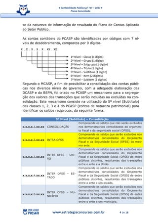 # Contabilidade Pública p/ TST – 2017 #
Prova Comentada
www.estrategiaconcursos.com.br 4 de 16
se da natureza de informação de resultado do Plano de Contas Aplicado
ao Setor Público.
As contas contábeis do PCASP são identificadas por códigos com 7 ní-
veis de desdobramento, compostos por 9 dígitos.
Segundo o MCASP, a fim de possibilitar a consolidação das contas públi-
cas nos diversos níveis de governo, com a adequada elaboração das
DCASP e do BSPN, foi criado no PCASP um mecanismo para a segrega-
ção dos valores das transações que serão incluídas ou excluídas na con-
solidação. Este mecanismo consiste na utilização do 5º nível (Subtítulo)
das classes 1, 2, 3 e 4 do PCASP (contas de natureza patrimonial) para
identificar os saldos recíprocos, da seguinte forma:
5º Nível (Subtítulo) – Consolidação
x.x.x.x.1.xx.xx CONSOLIDAÇÃO
Compreende os saldos que não serão excluídos
nos demonstrativos consolidados do orçamen-
to fiscal e da seguridade social (OFSS).
x.x.x.x.2.xx.xx INTRA OFSS
Compreende os saldos que serão excluídos nos
demonstrativos consolidados do Orçamento
Fiscal e da Seguridade Social (OFSS) do mes-
mo ente.
x.x.x.x.3.xx.xx
INTER OFSS – UNI-
ÃO
Compreende os saldos que serão excluídos nos
demonstrativos consolidados do Orçamento
Fiscal e da Seguridade Social (OFSS) de entes
públicos distintos, resultantes das transações
entre o ente e a União.
x.x.x.x.4.xx.xx
INTER OFSS – ES-
TADO
Compreende os saldos que serão excluídos nos
demonstrativos consolidados do Orçamento
Fiscal e da Seguridade Social (OFSS) de entes
públicos distintos, resultantes das transações
entre o ente e um estado.
x.x.x.x.5.xx.xx
INTER OFSS – MU-
NICÍPIO
Compreende os saldos que serão excluídos nos
demonstrativos consolidados do Orçamento
Fiscal e da Seguridade Social (OFSS) de entes
públicos distintos, resultantes das transações
entre o ente e um município.
X . X . X . X . X . XX . XX
1º Nível – Classe (1 dígito)
2º Nível – Grupo (1 dígito)
3º Nível – Subgrupo (1 dígito)
4º Nível – Título (1 dígito)
5º Nível – Subtítulo (1 dígito)
6º Nível – Item (2 dígitos)
7º Nível – Subitem (2 dígitos)
 