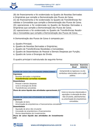 # Contabilidade Pública p/ TST – 2017 #
Prova Comentada
www.estrategiaconcursos.com.br 6 de 16
(B) de financiamento e foi evidenciada no Quadro de Receitas Derivadas
e Originárias que compõe a Demonstração dos Fluxos de Caixa.
(C) de financiamento e foi evidenciada no Quadro de Transferências Re-
cebidas e Concedidas que compõe a Demonstração dos Fluxos de Caixa.
(D) operacionais e foi evidenciada no Quadro de Receitas Derivadas e
Originárias que compõe a Demonstração dos Fluxos de Caixa.
(E) operacionais e foi evidenciada no Quadro de Transferências Recebi-
das e Concedidas que compõe a Demonstração dos Fluxos de Caixa.
A Demonstração dos Fluxos de Caixa é composta por:
a. Quadro Principal;
b. Quadro de Receitas Derivadas e Originárias;
c. Quadro de Transferências Recebidas e Concedidas;
d. Quadro de Desembolsos de Pessoal e Demais Despesas por Função;
e. Quadro de Juros e Encargos da Dívida.
O quadro principal é estruturado da seguinte forma:
Exercício
Atual
Exercício
Anterior
FLUXOS DE CAIXA DAS ATIVIDADES OPERACIONAIS
Ingressos
Receitas derivadas e originárias
Transferências correntes recebidas
Desembolsos
Pessoal e demais despesas
Juros e encargos da dívida
Transferências concedidas
Fluxo de caixa líquido das atividades operacionais (I)
FLUXOS DE CAIXA DAS ATIVIDADES DE INVESTIMENTO
Ingressos
Alienação de bens
Amortização de empréstimos e financiamentos concedidos
Desembolsos
Aquisição de ativo não circulante
Concessão de empréstimos e financiamentos
Outros desembolsos de investimentos
Fluxo de caixa líquido das atividades de investimento
(II)
Compreende os ingressos e os de-
sembolsos relacionados com a ação
pública.
Inclui os recursos relacionados à
aquisição e à alienação de ativo
não circulante, adiantamentos
ou amortização de empréstimos
concedidos.
 