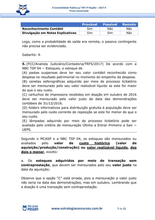 # Contabilidade Pública p/ TRF 5ª Região – 2017 #
Prova Comentada
www.estrategiaconcursos.com.br 7 de 21
Provável Possível Remoto
Reconhecimento Contábil Sim Não Não
Divulgação em Notas Explicativas Sim Sim Não
Logo, como a probabilidade de saída era remota, o passivo contingente
não precisa ser evidenciado.
Gabarito: A
5. (FCC/Analista Judiciário/Contadoria/TRF5/2017) De acordo com a
NBC TSP 04 − Estoques, o estoque de
(A) pastas suspensas deve ter seu valor contábil reconhecido como
despesa no resultado patrimonial no momento do empenho da despesa.
(B) canetas esferográficas adquirido por meio de processo licitatório
deve ser mensurado pelo seu valor realizável líquido se este for maior
do que o seu custo.
(C) cartuchos de impressora recebidos em doação em outubro de 2016
deve ser mensurado pelo valor justo da data das demonstrações
contábeis de 31/12/2016.
(D) folders informativos para distribuição gratuita à população deve ser
mensurado pelo custo corrente de reposição se este for menor do que o
seu custo.
(E) lâmpadas adquirido por meio de processo licitatório pode ser
avaliado pelo critério de mensuração Último a Entrar Primeiro a Sair −
UEPS.
Segundo o MCASP e a NBC TSP 04, os estoques são mensurados ou
avaliados pelo valor de custo histórico (valor de
aquisição/produção/construção) ou valor realizável líquido, dos
dois o menor, exceto:
a. Os estoques adquiridos por meio de transação sem
contraprestação, que devem ser mensurados pelo seu valor justo na
data da aquisição;
Observe que a opção “C” está errada, pois a mensuração a valor justo
não seria na data das demonstrações, mas em outubro. Lembrando que
a doação é uma transação sem contraprestação.
 