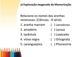 a) Exploração exagerada da Memorização
Relacione os nomes das aranhas
venenosas: (Ciências - 8 série)
1. aranha marrom ( ) Latrodectes
2. amadeira ( ) Lycosa
3. tarântula ( ) Loxóceles
4. viúva negra ( ) Ortognata
5. caranguejeira ( ) Phoneutria
 