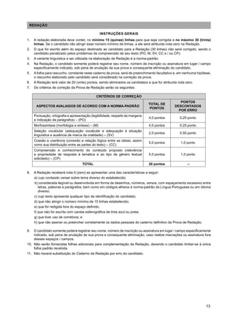 13
REDAÇÃO
INSTRUÇÕES GERAIS
1. A redação elaborada deve conter, no mínimo 15 (quinze) linhas para que seja corrigida e no máximo 30 (trinta)
linhas. Se o candidato não atingir esse número mínimo de linhas, a ele será atribuída nota zero na Redação.
2. O que for escrito além do espaço destinado ao candidato para a Redação (30 linhas) não será corrigido, sendo o
candidato penalizado pelos problemas de compreensão de seu texto (PO, M, SV, CC e / ou CP).
3. A variante linguística a ser utilizada na elaboração da Redação é a norma-padrão.
4. Na Redação, o candidato somente poderá registrar seu nome, número de inscrição ou assinatura em lugar / campo
especificamente indicado, sob pena de anulação da sua prova e consequente eliminação do candidato.
5. A folha para rascunho, constante neste caderno de prova, será de preenchimento facultativo e, em nenhuma hipótese,
o rascunho elaborado pelo candidato será considerado na correção da prova.
6. A Redação terá valor de 20 (vinte) pontos, sendo eliminados os candidatos a que for atribuída nota zero.
7. Os critérios de correção da Prova de Redação serão os seguintes:
CRITÉRIOS DE CORREÇÃO
ASPECTOS AVALIADOS DE ACORDO COM A NORMA-PADRÃO
TOTAL DE
PONTOS
PONTOS
DESCONTADOS
POR ERRO
Pontuação, ortografia e apresentação (legibilidade, respeito às margens
e indicação de parágrafos) – (PO)
4,0 pontos 0,25 ponto
Morfossintaxe (morfologia e sintaxe) – (M) 4,0 pontos 0,25 ponto
Seleção vocabular (adequação vocabular e adequação à situação
linguística e ausência de marca da oralidade) – (SV)
2,0 pontos 0,50 ponto
Coesão e coerência (conexão e relação lógica entre as ideias, assim
como sua distribuição entre as partes do texto) – (CC)
5,0 pontos 1,0 ponto
Compreensão e conhecimento do conteúdo proposto (relevância
e propriedade de resposta à temática e ao tipo de gênero textual
solicitado) – (CP)
5,0 pontos 1,0 ponto
TOTAL 20 pontos –
8. A Redação receberá nota 0 (zero) se apresentar uma das características a seguir:
a) cujo conteúdo versar sobre tema diverso do estabelecido;
b) considerada ilegível ou desenvolvida em forma de desenhos, números, versos, com espaçamento excessivo entre
letras, palavras e parágrafos, bem como em códigos alheios à norma-padrão da Língua Portuguesa ou em idioma
diverso;
c) cujo texto apresente qualquer tipo de identificação do candidato;
d) que não atingir o número mínimo de 15 linhas estabelecido;
e) que for redigida fora do espaço definido;
f) que não for escrita com caneta esferográfica de tinta azul ou preta;
g) que tiver uso de corretivos; e
h) que não assinar ou preencher corretamente os dados pessoais do caderno definitivo da Prova de Redação.
9. O candidato somente poderá registrar seu nome, número de inscrição ou assinatura em lugar / campo especificamente
indicado, sob pena de anulação de sua prova e consequente eliminação, caso realize marcações ou assinatura fora
desses espaços / campos.
10. Não serão fornecidas folhas adicionais para complementação da Redação, devendo o candidato limitar-se à única
folha padrão recebida.
11. Não haverá substituição do Caderno de Redação por erro do candidato.
 