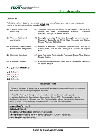 Coordenação
Curso de Ciências Contábeis
Questão 14
Relacione a classe descrita na primeira coluna com exemplos de grupo de contas na segunda
coluna e, em seguida, assinale a opção CORRETA.
(1) Variação Patrimonial
Diminutiva
(2) Tributos e Contribuições, Venda de Mercadorias, Valorização e
Ganhos de Ativos, Planejamento Aprovado, Orçamento
Aprovado, Inscrição de Restos a Pagar
(2) Variação Patrimonial
Aumentativa
(5) Execução dos Atos Potenciais, Execução da Administração
Financeira, Execução da Dívida Ativa, Execução dos Riscos
Fiscais, Apuração de Custos.
(3) Controles da Execução do
Planejamento e Orçamento
(1) Pessoal e Encargos, Benefícios Previdenciários, Tributos e
Contribuições, Uso de Bens, Serviços e Consumo de Capital
Fixo.
(4) Controles Devedores (4) Atos Potenciais, Administração Financeira, Dívida Ativa, Riscos
Fiscais, Custos.
(5) Controles Credores (3) Execução do Planejamento, Execução do Orçamento, Execução
de Restos a Pagar.
A sequência CORRETA é:
a) 2, 5, 3, 4, 1.
b) 2, 5, 1, 4, 3.
c) 2, 4, 1, 5, 3.
d) 2, 3, 1, 4, 5.
Resolução Fecap
A sequência correta é a da alternativa “b”. Consultando a nova estrutura do Plano de Contas Aplicado ao
Setor Público, onde há os seguintes grupos de contas:
1 – Ativo / 2 – Passivo / 3 – Variações Patrimoniais Quantitativas - Diminutivas (Despesas)
4 – Variações Patrimoniais Quantitativas – Aumentativas (Receitas) / 5 – Controles da Previsão do
Planejamento, Orçamento e Restos a Pagar / 6 – Controles da Execução do Planejamento, Orçamento e
Restos a Pagar / 7 – Contas de Controle Devedores / 8 – Contas de Controle Credores
Alternativa Correta: B
Gabarito Oficial: B
Disciplina: Contabilidade e Orçamento Público
Bibliografia: Portaria STN 467, de 06/08/2009 – PCASP – Volume IV
Contribuição: Paulo Mariano
 