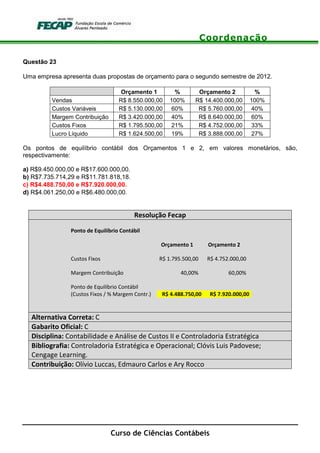 Coordenação
Curso de Ciências Contábeis
Questão 23
Uma empresa apresenta duas propostas de orçamento para o segundo semestre de 2012.
Orçamento 1 % Orçamento 2 %
Vendas R$ 8.550.000,00 100% R$ 14.400.000,00 100%
Custos Variáveis R$ 5.130.000,00 60% R$ 5.760.000,00 40%
Margem Contribuição R$ 3.420.000,00 40% R$ 8.640.000,00 60%
Custos Fixos R$ 1.795.500,00 21% R$ 4.752.000,00 33%
Lucro Líquido R$ 1.624.500,00 19% R$ 3.888.000,00 27%
Os pontos de equilíbrio contábil dos Orçamentos 1 e 2, em valores monetários, são,
respectivamente:
a) R$9.450.000,00 e R$17.600.000,00.
b) R$7.735.714,29 e R$11.781.818,18.
c) R$4.488.750,00 e R$7.920.000,00.
d) R$4.061.250,00 e R$6.480.000,00.
Resolução Fecap
Ponto de Equilíbrio Contábil
Orçamento 1 Orçamento 2
Custos Fixos R$ 1.795.500,00 R$ 4.752.000,00
Margem Contribuição 40,00% 60,00%
Ponto de Equilíbrio Contábil
(Custos Fixos / % Margem Contr.) R$ 4.488.750,00 R$ 7.920.000,00
Alternativa Correta: C
Gabarito Oficial: C
Disciplina: Contabilidade e Análise de Custos II e Controladoria Estratégica
Bibliografia: Controladoria Estratégica e Operacional; Clóvis Luis Padovese;
Cengage Learning.
Contribuição: Olívio Luccas, Edmauro Carlos e Ary Rocco
 