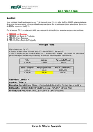 Coordenação
Curso de Ciências Contábeis
Questão 2
Uma indústria de alimentos pagou em 1º de dezembro de 2010 o valor de R$4.800,00 pela contratação
de prêmio de seguro dos veículos utilizados para entrega dos produtos vendidos, vigente de dezembro
de 2010 a novembro de 2011.
Em janeiro de 2011, o registro contábil correspondente ao gasto com seguros gerou um aumento de:
a) R$400,00 em Despesa.
b) R$400,00 em Custo de Produção.
c) R$4.400,00 em Despesa.
d) R$4.400,00 em Custo de Produção.
Resolução Fecap
Alternativa correta é a: “A”.
A vigência do seguro é de 12 meses, sendo R$ 4.800,00 / 12 = R$ 400,00/ mês.
O valor da despesa em jan/2011 é de: R$ 400,00 e classificado em Despesas Operacionais, por tratar-se de
gastos com seguro dos veículos para entrega de produtos vendidos (Fretes sobre vendas).
Valor Vigência Apropriação Mensal
4.800,00 12 meses 400,00
Saldo a apropriar Apropriação mensal MÊS DE COMPETENCIA
4.800,00 400,00 DEZEMBRO
4.400,00 400,00 JANEIRO
Alternativa Correta: A
Gabarito Oficial: A
Disciplina: Contabilidade Básica I, Contabilidade Básica II e Contab. Intermediária
Bibliografia: Contabilidade Introdutória, Equipe FEA/USP, Editora Atlas
Contribuição: Mauricio Camilo, João Carlos e Edmauro Carlos
 