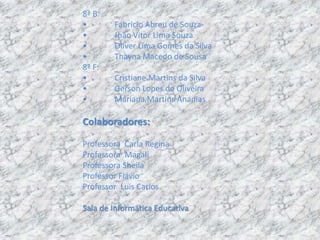 8ª B:
•       Fabricio Abreu de Souza
•       João Vitor Lima Souza
•       Oliver Lima Gomes da Silva
•       Thayna Macedo de Sousa
8ª F:
•       Cristiane Martins da Silva
•       Gerson Lopes de Oliveira
•       Mariana Martins Ananias

Colaboradores:

Professora Carla Regina
Professora Magali
Professora Sheila
Professor Flávio
Professor Luis Carlos

Sala de Informática Educativa
 