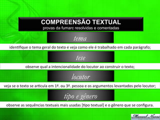 COMPREENSÃO TEXTUAL
provas da fumarc resolvidas e comentadas
iden%ﬁque	
  o	
  tema	
  geral	
  do	
  texto	
  e	
  veja	
  como	
  ele	
  é	
  trabalhado	
  em	
  cada	
  parágrafo;	
  
tema
observe	
  qual	
  a	
  intencionalidade	
  do	
  locutor	
  ao	
  construir	
  o	
  texto;	
  
tese
veja	
  se	
  o	
  texto	
  se	
  ar%cula	
  em	
  1ª.	
  ou	
  3ª.	
  pessoa	
  e	
  os	
  argumentos	
  levantados	
  pelo	
  locutor;	
  
locutor
observe	
  as	
  sequências	
  textuais	
  mais	
  usadas	
  [%po	
  textual]	
  e	
  o	
  gênero	
  que	
  se	
  conﬁgura.	
  
tipo e gênero
 