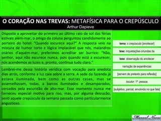 O	
  CORAÇÃO	
  NAS	
  TREVAS:	
  METAFÍSICA	
  PARA	
  O	
  CREPÚSCULO	
  
Arthur Dapieve
Disposto	
  a	
  aproveitar	
  do	
  primeiro	
  ao	
  úl%mo	
  raio	
  de	
  sol	
  das	
  férias	
  
es%vais	
  além-­‐mar,	
  o	
  amigo	
  da	
  coluna	
  perguntou	
  candidamente	
  ao	
  
porteiro	
   do	
   hotel:	
   “Quando	
   escurece	
   aqui?”	
   A	
   resposta	
   veio	
   na	
  
mistura	
   de	
   humor	
   torto	
   e	
   lógica	
   implacável	
   que	
   nós,	
   malandros	
  
otários	
   d’aquém-­‐mar,	
   preferimos	
   acreditar	
   ser	
   burrice:	
   “Não,	
  
senhor,	
  aqui	
  não	
  escurece	
  nunca,	
  pois	
  quando	
  está	
  a	
  escurecer,	
  
nós	
  acendemos	
  as	
  luzes	
  e,	
  pronto,	
  con%nua	
  tudo	
  claro.”	
  
Lembrei-­‐me	
   dessa	
   história	
   verídica	
   com	
   vocação	
   para	
   anedota	
  
dias	
  atrás,	
  conforme	
  a	
  luz	
  caía	
  sobre	
  a	
  serra.	
  A	
  sede	
  da	
  fazenda	
  já	
  
estava	
   iluminada,	
   bem	
   como	
   as	
   outras	
   casas,	
   mas	
   se	
  
assemelhavam,	
   todas,	
   a	
   barcos	
   iluminados	
   e	
   desamparados,	
  
cercados	
   pela	
   escuridão	
   de	
   alto-­‐mar.	
   Esse	
   momento	
   nunca	
   me	
  
forneceu	
   especial	
   mo%vo	
   para	
   riso,	
   mas,	
   por	
   alguma	
   desrazão,	
  
sen%	
  aquele	
  crepúsculo	
  da	
  semana	
  passada	
  como	
  par%cularmente	
  
angus%oso.	
  
tema: o crepúsculo [anoitecer]
tese: inquietações oriundas da
tese: observação do anoitecer
narração de experiências
[servem de pretexto para reflexão]
locutor: 1ª. pessoa
[subjetivo, parcial, envolvido no que fala]
 