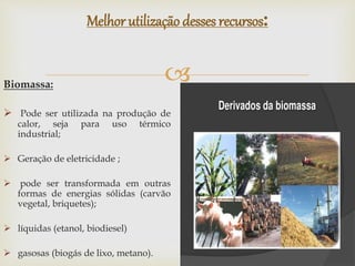 Biomassa:
 Pode ser utilizada na produção de
calor, seja para uso térmico
industrial;
 Geração de eletricidade ;
 pode ser transformada em outras
formas de energias sólidas (carvão
vegetal, briquetes);
 líquidas (etanol, biodiesel)
 gasosas (biogás de lixo, metano).
Melhor utilização desses recursos:
 