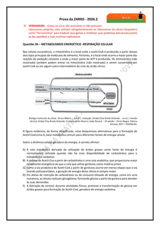 Prova da ZARNS - 2026.2
E) VERDADEIRA - Como os vírus são acelulares e não possuem
ribossomos próprios, eles utilizam obrigatoriamente os ribossomos da célula hospedeira
como "ferramentas" para traduzir seus genes e sintetizar suas proteínas estruturais (como
as do capsídeo) e suas enzimas replicativas.
Questão 34 – METABOLISMOS ENERGÉTICO -RESPIRAÇÃO CELULAR
Nas células eucarióticas, a mitocôndria é o local onde a acetil-CoA é produzida a partir desses
dois tipos principais de moléculas de alimento. Portanto, é o local onde ocorre a maior parte das
reações de oxidação celulares e onde a maior parte do ATP é produzida. Os aminoácidos (não
mostrado) também podem entrar na mitocôndria (não mostrado) e serem convertidos em
acetil-CoA ou em algum outro intermediário do ciclo do ácido cítrico.
Biologia molecular da célula : Bruce Alberts ... [et al.] ; tradução: [Ardala Elisa Breda Andrade ... et al.] ; revisão
técnica: Ardala Elisa Breda Andrade, Cristiano Valim Bizarro, Gaby Renard. – 6ª edição – Porto Alegre: Editora
Artmed, 2017 – PÁGINA 82.
A figura evidencia, de forma simplificada, rotas bioquímicas alternativas para a formação de
Acetil-Coenzima A, base metabólica comum para diferentes fontes de energia celular.
Sobre a dinâmica celular geradora de energia, é correto afirmar:
A) A rota metabólica derivada da utilização de ácidos graxos como fonte de energia é
normalmente utilizada quando não há mais disponibilidade de carboidratos para o
metabolismo oxidativo.
B) A síntese de Acetil-Coa a partir de carboidratos é uma rota anabólica, que proporciona maior
rendimento energético do que a rota que utiliza gorduras como matéria prima.
C) Como a via produtora de Acetil-CoA a partir de gorduras ocorre em menos etapas que a via
usando polissacarídeos, a geração de energia desta última é sempre maior.
D) Em dietas de restrição de carboidratos ou de consumo elevado de energia, como em uma
maratona, as células realizam glicogênese, formando glicose a partir de gordura para atender
às suas demandas.
E) A liberação de cortisol, durante atividades físicas, promove a transformação de glicose em
ácidos graxos para formação de Acetil-CoA, geradora de energia oxidativa.
 