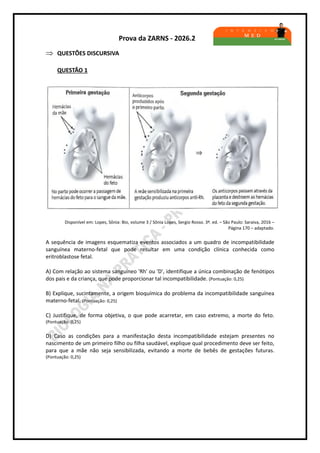 Prova da ZARNS - 2026.2
 QUESTÕES DISCURSIVA
QUESTÃO 1
Disponível em: Lopes, Sônia: Bio, volume 3 / Sônia Lopes, Sergio Rosso. 3ª. ed. – São Paulo: Saraiva, 2016 –
Página 170 – adaptado.
A sequência de imagens esquematiza eventos associados a um quadro de incompatibilidade
sanguínea materno-fetal que pode resultar em uma condição clínica conhecida como
eritroblastose fetal.
A) Com relação ao sistema sanguíneo 'Rh' ou 'D', identifique a única combinação de fenótipos
dos pais e da criança, que pode proporcionar tal incompatibilidade. (Pontuação: 0,25)
B) Explique, sucintamente, a origem bioquímica do problema da incompatibilidade sanguínea
materno-fetal. (Pontuação: 0,25)
C) Justifique, de forma objetiva, o que pode acarretar, em caso extremo, a morte do feto.
(Pontuação: 0,25)
D) Caso as condições para a manifestação desta incompatibilidade estejam presentes no
nascimento de um primeiro filho ou filha saudável, explique qual procedimento deve ser feito,
para que a mãe não seja sensibilizada, evitando a morte de bebês de gestações futuras.
(Pontuação: 0,25)
 